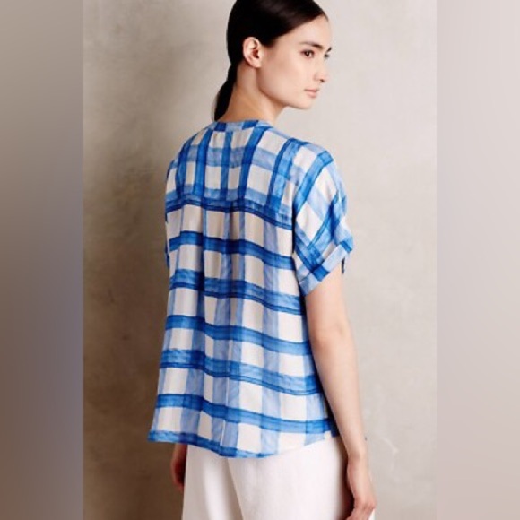 Maeve Anthropologie silk Blue White Plaid Tierra Buttondown , sz : XS - Picture 2 of 11